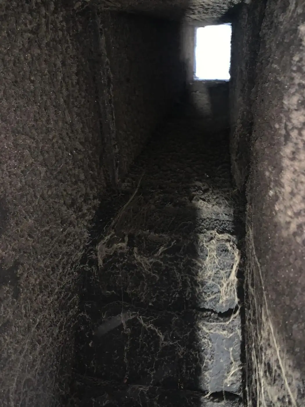 Looking up a soot-coated flue toward the daylight at the top, with cobwebs on the walls.